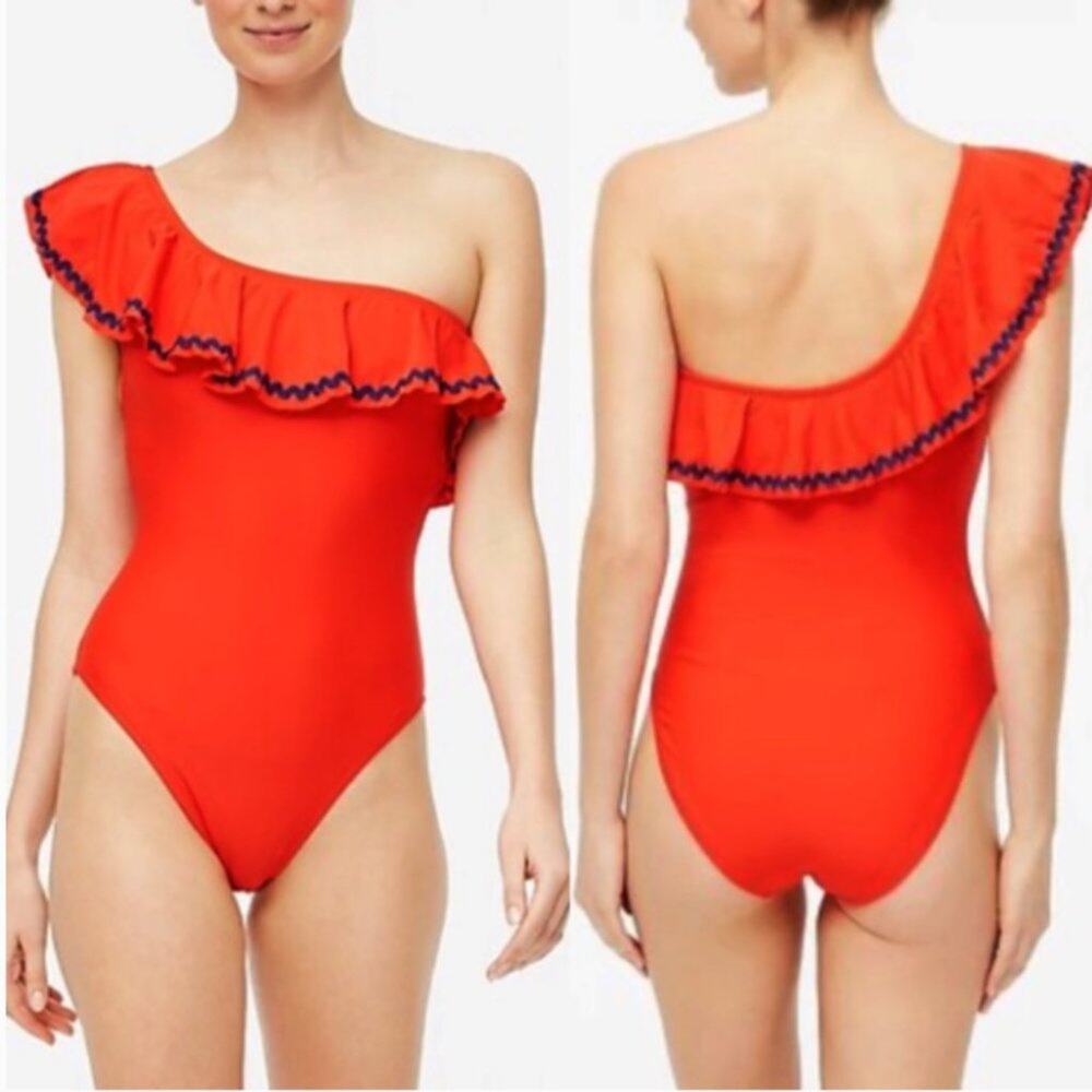 NWT J Crew Rickrack Ruffle One Shoulder One Piece Bathing Suit Red Blue XS